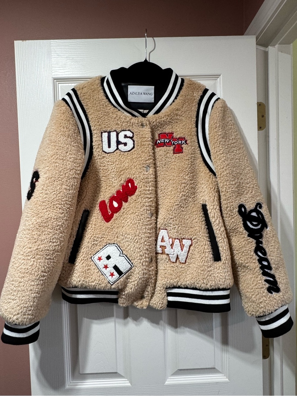 Cream Teddy Bomber Jacket with Patches